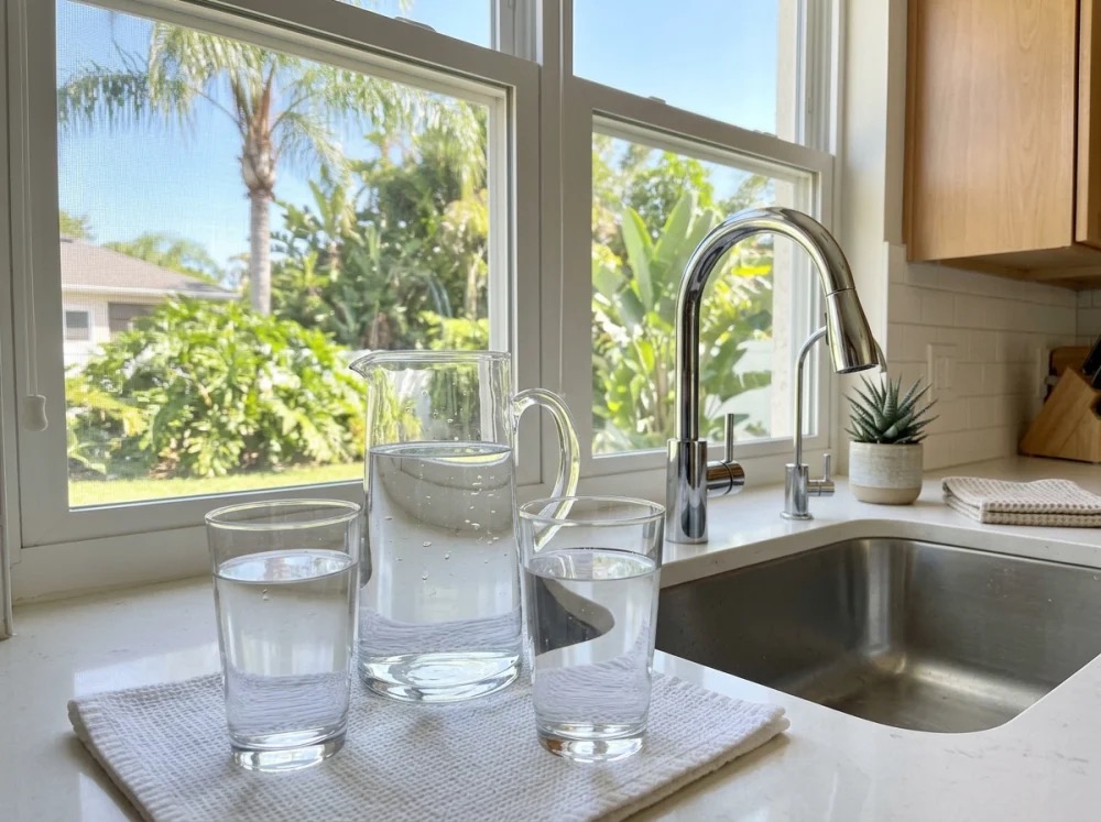 Pitcher and glasses of clear drinking water beside the tap in a Central Florida kitchen