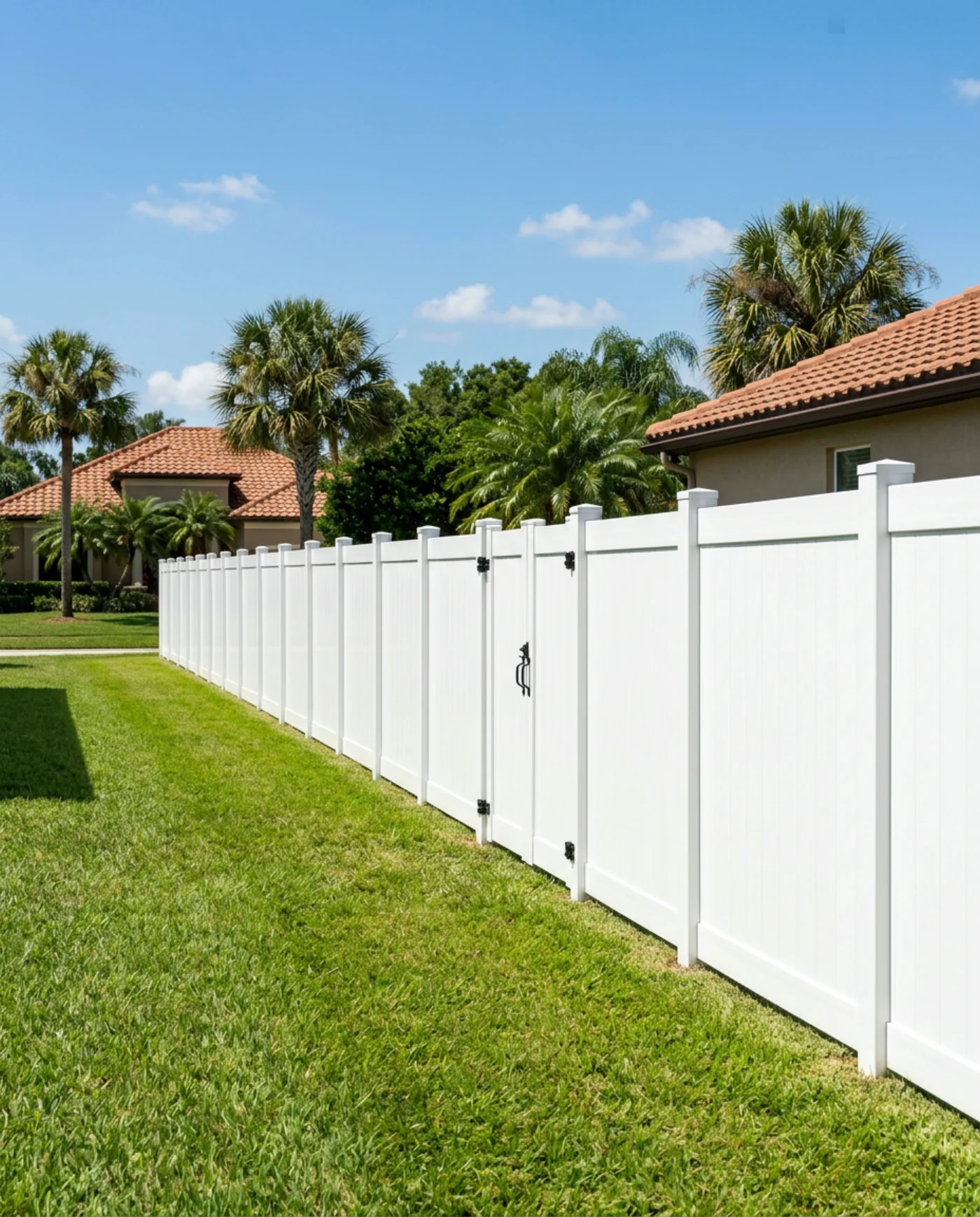 New white vinyl privacy fence and gate along a Central Florida property line