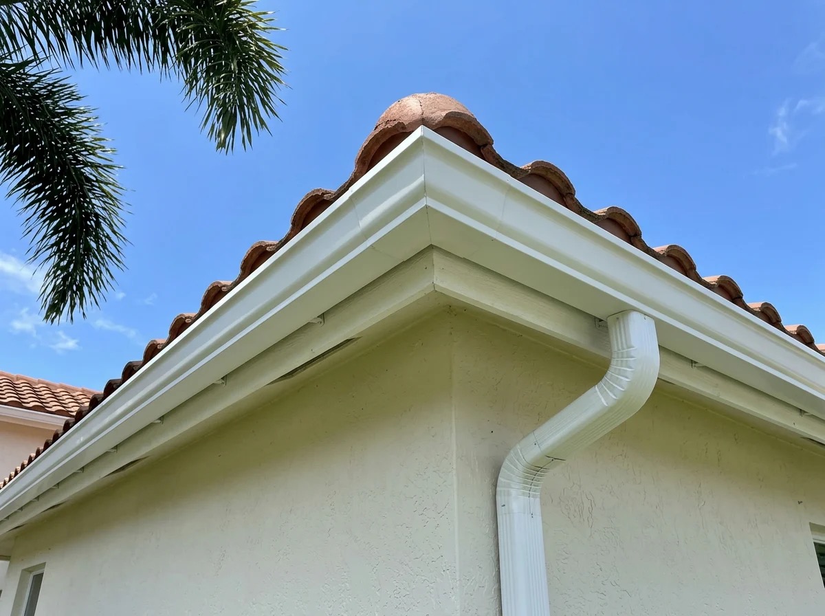 Seamless gutter corner joint and hangers on a Central Florida tile roof home