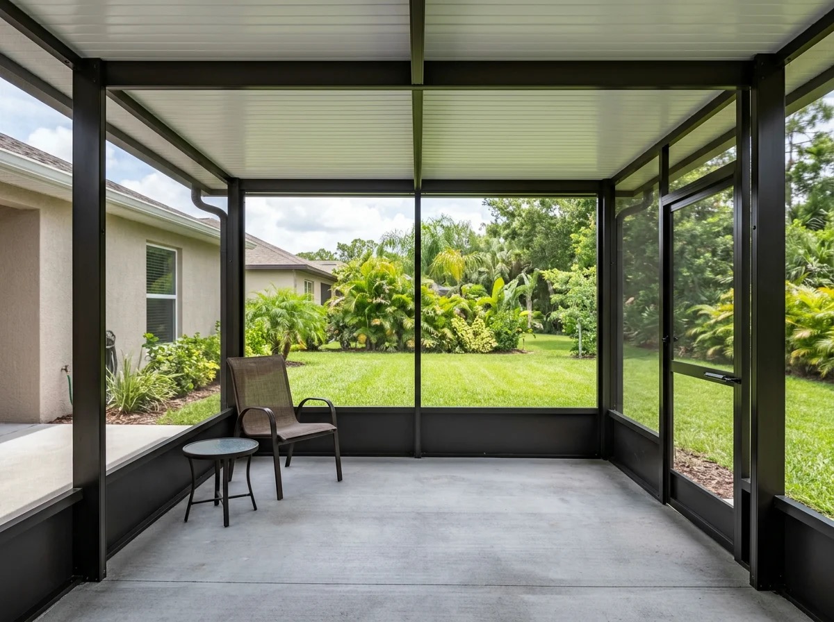 Inside a finished screen enclosure with bronze frame and white roof panel in Central Florida