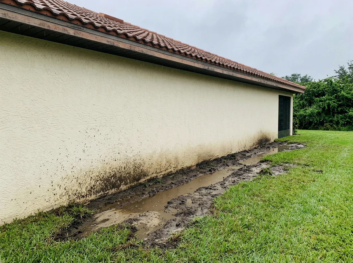 Soil washed into a trench along a Central Florida house wall where the roof has no gutter