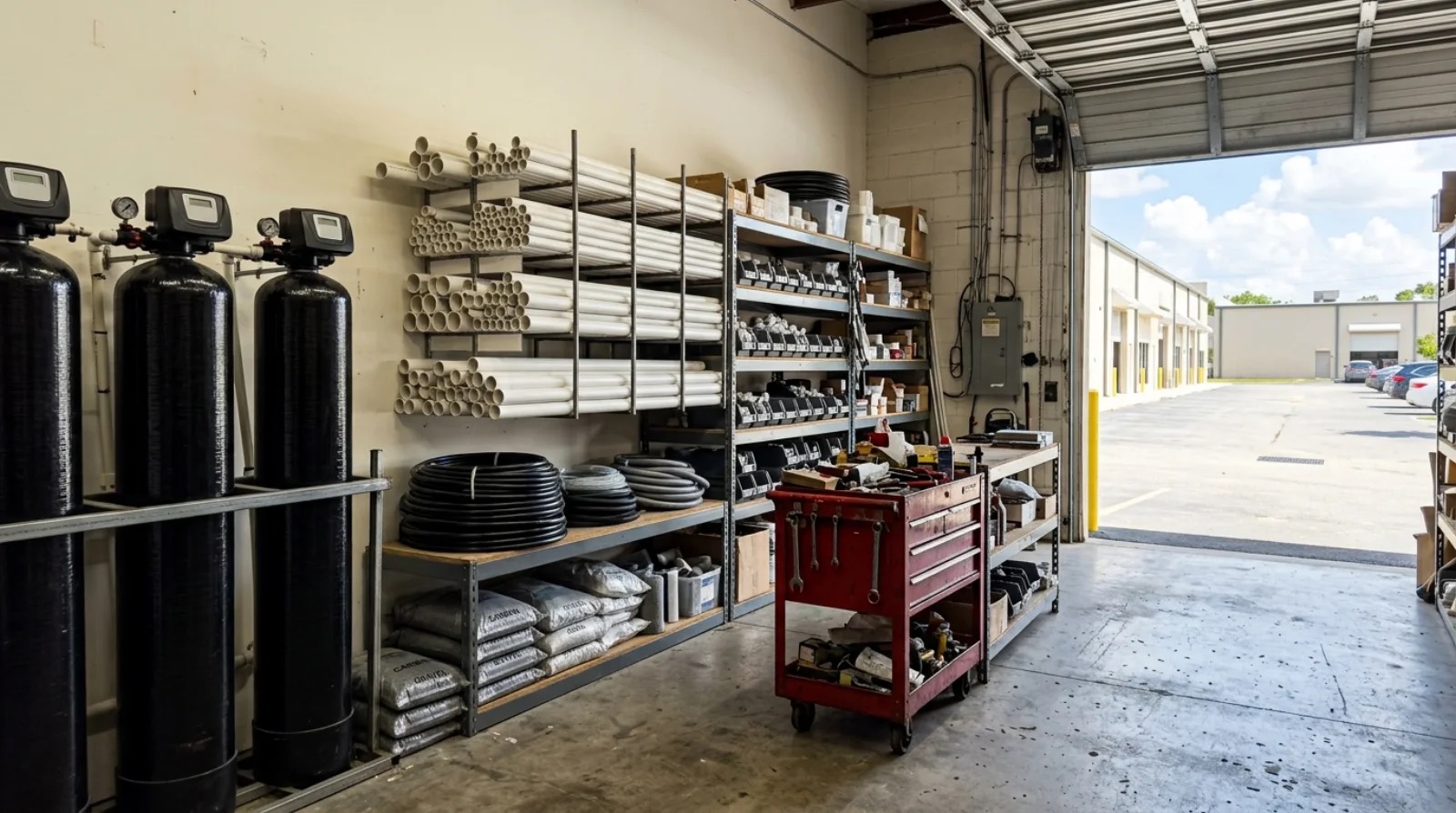 Water treatment tanks and pipe stocked at the Crystalline shop in Davenport